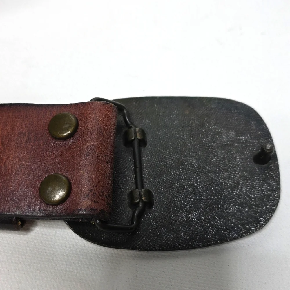 Vintage 1970s Comical Brass Cartoon Man Fisherman Leather Belt & Buckle 36